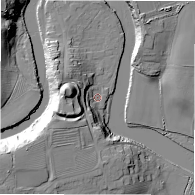 Shaded relief map of the ground around NE650GY, computed from Environment Agency LiDAR. The ground here sits at about 4 m above sea level and falls 29 m across the surrounding 800 m. Surface water reaching this point runs off ground lying to the south-west, 11.3 m higher.