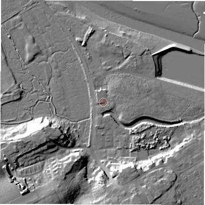 Shaded relief map of the ground around NE650GZ, computed from Environment Agency LiDAR. The ground here sits at about 5 m above sea level and falls 24 m across the surrounding 800 m. Surface water reaching this point runs off ground lying to the east-north-east, 1.7 m higher.
