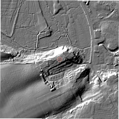 Shaded relief map of the ground around NE650HJ, computed from Environment Agency LiDAR. The ground here sits at about 15 m above sea level and falls 20 m across the surrounding 800 m. Surface water reaching this point runs off ground lying to the north-north-east, 0.6 m higher.