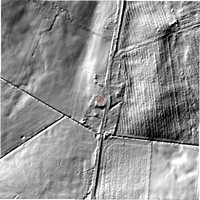 Shaded relief map of the ground around NE650JD, computed from Environment Agency LiDAR. The ground here sits at about 10 m above sea level and falls 10 m across the surrounding 800 m. Surface water reaching this point runs off ground lying to the north-north-east, 1.5 m higher.