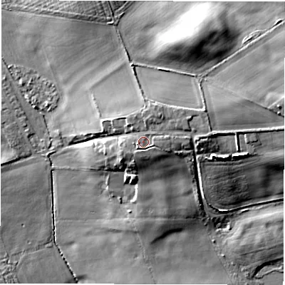Shaded relief map of the ground around NE650JP, computed from Environment Agency LiDAR. The ground here sits at about 13 m above sea level and falls 12 m across the surrounding 800 m. Surface water reaching this point runs off ground lying to the east-north-east, 1.4 m higher.