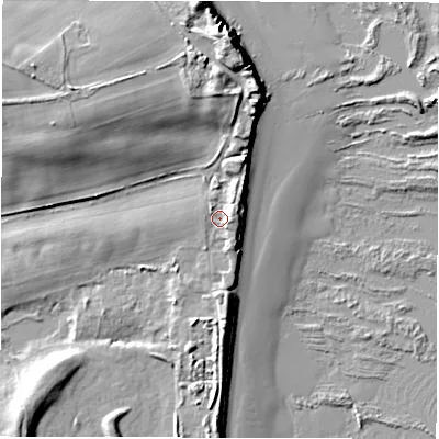 Shaded relief map of the ground around NE650JS, computed from Environment Agency LiDAR. The ground here sits at about 5 m above sea level and falls 17 m across the surrounding 800 m. Surface water reaching this point runs off ground lying to the east-north-east, 2.7 m higher.