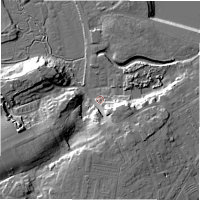 Shaded relief map of the ground around NE650LH, computed from Environment Agency LiDAR. The ground here sits at about 5 m above sea level and falls 23 m across the surrounding 800 m. Surface water reaching this point runs off ground lying to the south-east, 12.7 m higher.