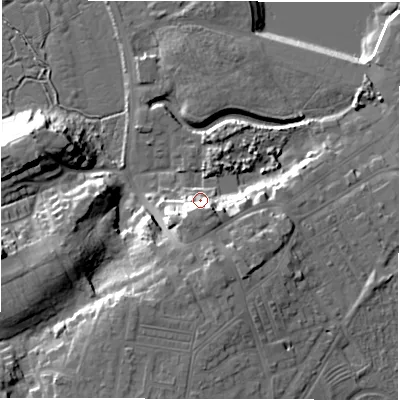 Shaded relief map of the ground around NE650LQ, computed from Environment Agency LiDAR. The ground here sits at about 6 m above sea level and falls 21 m across the surrounding 800 m. Surface water reaching this point runs off ground lying to the south-south-east, 14.1 m higher.