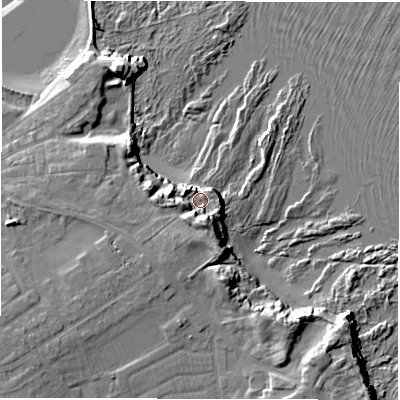Shaded relief map of the ground around NE650SE, computed from Environment Agency LiDAR. The ground here sits at about 8 m above sea level and falls 17 m across the surrounding 800 m. Surface water reaching this point runs off ground lying to the south, 12.3 m higher.