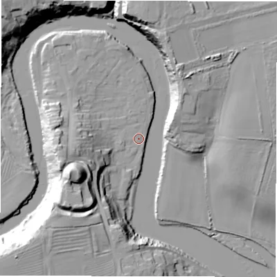 Shaded relief map of the ground around NE650SS, computed from Environment Agency LiDAR. The ground here sits at about 4 m above sea level and falls 29 m across the surrounding 800 m. Surface water reaching this point runs off ground lying to the west-south-west, 26.9 m higher.