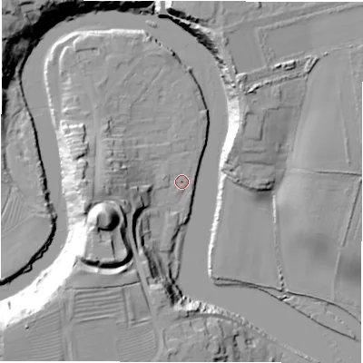 Shaded relief map of the ground around NE650ST, computed from Environment Agency LiDAR. The ground here sits at about 3 m above sea level and falls 29 m across the surrounding 800 m. Surface water reaching this point runs off ground lying to the west-south-west, 26.9 m higher.