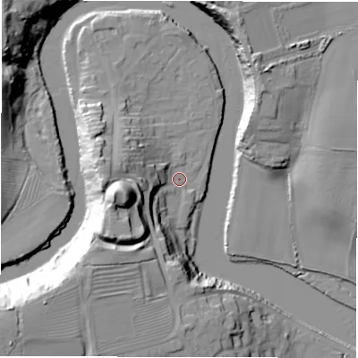 Shaded relief map of the ground around NE650SU, computed from Environment Agency LiDAR. The ground here sits at about 4 m above sea level and falls 29 m across the surrounding 800 m. Surface water reaching this point runs off ground lying to the west-south-west, 26.6 m higher.
