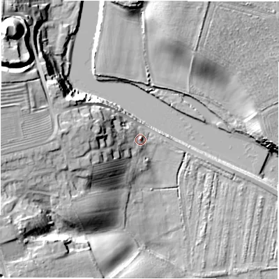 Shaded relief map of the ground around NE650TA, computed from Environment Agency LiDAR. The ground here sits at about 6 m above sea level and falls 31 m across the surrounding 800 m. Surface water reaching this point runs off ground lying to the west, 16.8 m higher.
