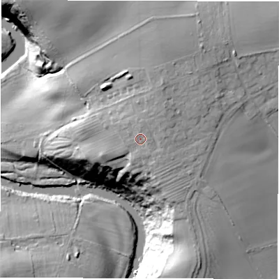 Shaded relief map of the ground around NE650TZ, computed from Environment Agency LiDAR. The ground here sits at about 40 m above sea level and falls 39 m across the surrounding 800 m. Surface water reaching this point runs off ground lying to the east, 1.8 m higher.