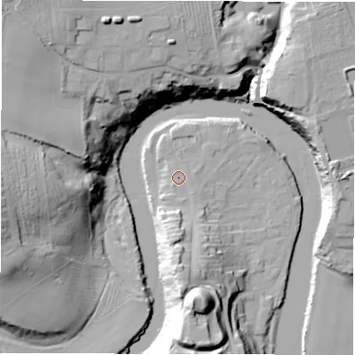 Shaded relief map of the ground around NE650UR, computed from Environment Agency LiDAR. The ground here sits at about 6 m above sea level and falls 34 m across the surrounding 800 m. Surface water reaching this point runs off ground lying to the south, 10.6 m higher.