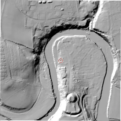 Shaded relief map of the ground around NE650UT, computed from Environment Agency LiDAR. The ground here sits at about 6 m above sea level and falls 33 m across the surrounding 800 m. Surface water reaching this point runs off ground lying to the south-east, 3.1 m higher.