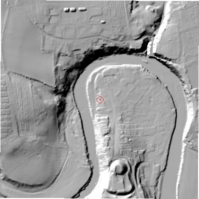 Shaded relief map of the ground around NE650UU, computed from Environment Agency LiDAR. The ground here sits at about 5 m above sea level and falls 34 m across the surrounding 800 m. Surface water reaching this point runs off ground lying to the south-south-east, 3.3 m higher.
