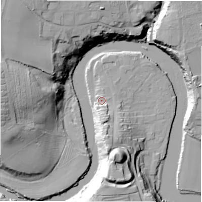 Shaded relief map of the ground around NE650UX, computed from Environment Agency LiDAR. The ground here sits at about 7 m above sea level and falls 32 m across the surrounding 800 m. Surface water reaching this point runs off ground lying to the south, 11.3 m higher.