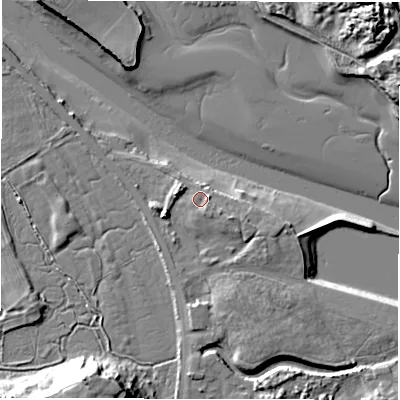 Shaded relief map of the ground around NE650WU, computed from Environment Agency LiDAR. The ground here sits at about 4 m above sea level and falls 19 m across the surrounding 800 m. Surface water reaching this point runs off ground lying to the south-east, 2.3 m higher.