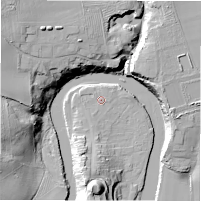 Shaded relief map of the ground around NE650XE, computed from Environment Agency LiDAR. The ground here sits at about 6 m above sea level and falls 32 m across the surrounding 800 m. Surface water reaching this point runs off ground lying to the south-south-west, 1.8 m higher.