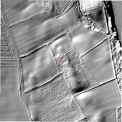 Shaded relief map of the ground around NE650XT, computed from Environment Agency LiDAR. The ground here sits at about 26 m above sea level and falls 34 m across the surrounding 800 m. Surface water reaching this point runs off ground lying to the west, 0.6 m higher.
