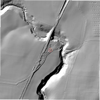 Shaded relief map of the ground around NE650YH, computed from Environment Agency LiDAR. The ground here sits at about 35 m above sea level and falls 44 m across the surrounding 800 m. Surface water reaching this point runs off ground lying to the north-north-west, 5.8 m higher.