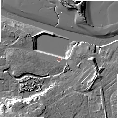 Shaded relief map of the ground around NE650YP, computed from Environment Agency LiDAR. The ground here sits at about 4 m above sea level and falls 19 m across the surrounding 800 m. Surface water reaching this point runs off ground lying to the east, 13.1 m higher.