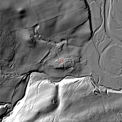 Shaded relief map of the ground around NE657AJ, computed from Environment Agency LiDAR. The ground here sits at about 127 m above sea level and falls 38 m across the surrounding 800 m. Surface water reaching this point runs off ground lying to the south, 3.1 m higher.