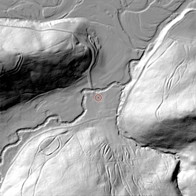 Shaded relief map of the ground around NE657AW, computed from Environment Agency LiDAR. The ground here sits at about 104 m above sea level and falls 77 m across the surrounding 800 m. Surface water reaching this point runs off ground lying to the south-south-east, 5.0 m higher.