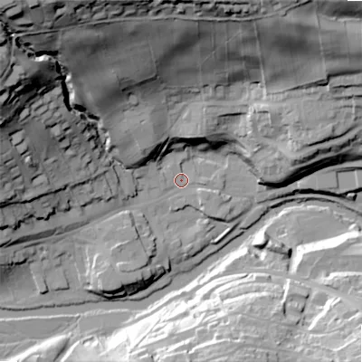 Shaded relief map of the ground around NE657BA, computed from Environment Agency LiDAR. The ground here sits at about 78 m above sea level and falls 79 m across the surrounding 800 m. Surface water reaching this point runs off ground lying to the north-west, 73.1 m higher.