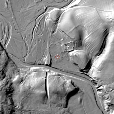 Shaded relief map of the ground around NE657BE, computed from Environment Agency LiDAR. The ground here sits at about 147 m above sea level and falls 64 m across the surrounding 800 m. Surface water reaching this point runs off ground lying to the north-north-east, 26.5 m higher.