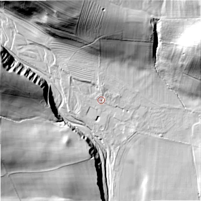 Shaded relief map of the ground around NE657BG, computed from Environment Agency LiDAR. The ground here sits at about 173 m above sea level and falls 61 m across the surrounding 800 m. Surface water reaching this point runs off ground lying to the north-north-west, 46.2 m higher.