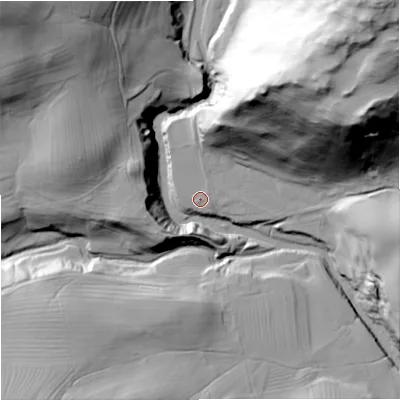 Shaded relief map of the ground around NE657BJ, computed from Environment Agency LiDAR. The ground here sits at about 183 m above sea level and falls 124 m across the surrounding 800 m. Surface water reaching this point runs off ground lying to the north-north-east, 31.2 m higher.