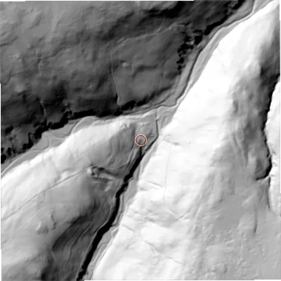 Shaded relief map of the ground around NE657BX, computed from Environment Agency LiDAR. The ground here sits at about 333 m above sea level and falls 137 m across the surrounding 800 m. Surface water reaching this point runs off ground lying to the west-south-west, 29.5 m higher.