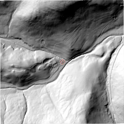 Shaded relief map of the ground around NE657DD, computed from Environment Agency LiDAR. The ground here sits at about 306 m above sea level and falls 148 m across the surrounding 800 m. Surface water reaching this point runs off ground lying to the north, 141.0 m higher.