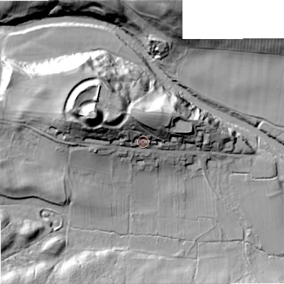 Shaded relief map of the ground around NE657DG, computed from Environment Agency LiDAR. The ground here sits at about 153 m above sea level and falls 46 m across the surrounding 800 m. Surface water reaching this point runs off ground lying to the north-north-west, 17.4 m higher.