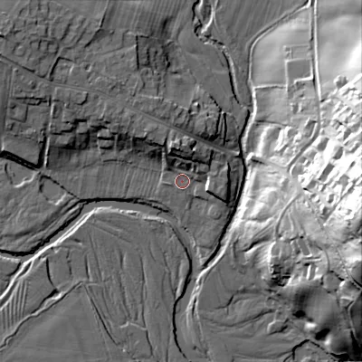 Shaded relief map of the ground around NE657EB, computed from Environment Agency LiDAR. The ground here sits at about 82 m above sea level and falls 48 m across the surrounding 800 m. Surface water reaching this point runs off ground lying to the north, 8.8 m higher.