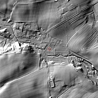 Shaded relief map of the ground around NE657EZ, computed from Environment Agency LiDAR. The ground here sits at about 143 m above sea level and falls 47 m across the surrounding 800 m. Surface water reaching this point runs off ground lying to the north-north-west, 2.4 m higher.