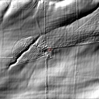 Shaded relief map of the ground around NE657HL, computed from Environment Agency LiDAR. The ground here sits at about 192 m above sea level and falls 63 m across the surrounding 800 m. Surface water reaching this point runs off ground lying to the south-west, 40.8 m higher.