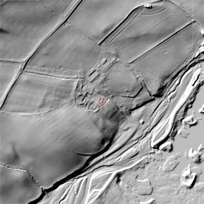 Shaded relief map of the ground around NE657LG, computed from Environment Agency LiDAR. The ground here sits at about 105 m above sea level and falls 48 m across the surrounding 800 m. Surface water reaching this point runs off ground lying to the west-north-west, 6.3 m higher.