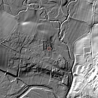 Shaded relief map of the ground around NE657LZ, computed from Environment Agency LiDAR. The ground here sits at about 86 m above sea level and falls 34 m across the surrounding 800 m. Surface water reaching this point runs off ground lying to the west-south-west, 6.8 m higher.