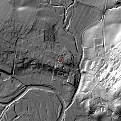 Shaded relief map of the ground around NE657NA, computed from Environment Agency LiDAR. The ground here sits at about 89 m above sea level and falls 48 m across the surrounding 800 m. Surface water reaching this point runs off ground lying to the west-north-west, 2.8 m higher.