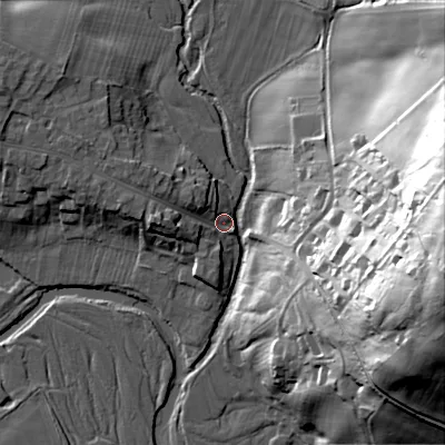 Shaded relief map of the ground around NE657NB, computed from Environment Agency LiDAR. The ground here sits at about 83 m above sea level and falls 64 m across the surrounding 800 m. Surface water reaching this point runs off ground lying to the east, 60.7 m higher.