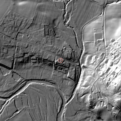 Shaded relief map of the ground around NE657ND, computed from Environment Agency LiDAR. The ground here sits at about 89 m above sea level and falls 48 m across the surrounding 800 m. Surface water reaching this point runs off ground lying to the north-west, 3.1 m higher.