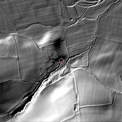 Shaded relief map of the ground around NE657NG, computed from Environment Agency LiDAR. The ground here sits at about 89 m above sea level and falls 53 m across the surrounding 800 m. Surface water reaching this point runs off ground lying to the south-south-east, 45.2 m higher.
