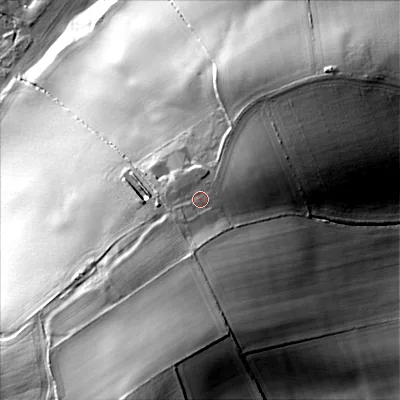 Shaded relief map of the ground around NE657NQ, computed from Environment Agency LiDAR. The ground here sits at about 136 m above sea level and falls 80 m across the surrounding 800 m. Surface water reaching this point runs off ground lying to the south-south-west, 31.5 m higher.