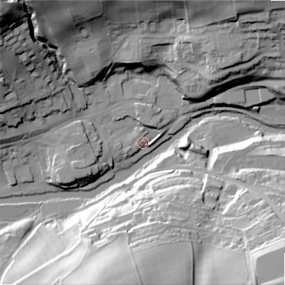 Shaded relief map of the ground around NE657NS, computed from Environment Agency LiDAR. The ground here sits at about 77 m above sea level and falls 59 m across the surrounding 800 m. Surface water reaching this point runs off ground lying to the west, 9.9 m higher.