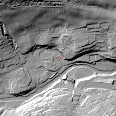Shaded relief map of the ground around NE657NU, computed from Environment Agency LiDAR. The ground here sits at about 77 m above sea level and falls 75 m across the surrounding 800 m. Surface water reaching this point runs off ground lying to the north, 63.3 m higher.