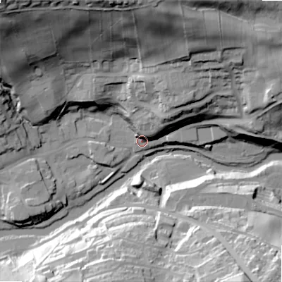 Shaded relief map of the ground around NE657NX, computed from Environment Agency LiDAR. The ground here sits at about 79 m above sea level and falls 67 m across the surrounding 800 m. Surface water reaching this point runs off ground lying to the north-east, 20.3 m higher.