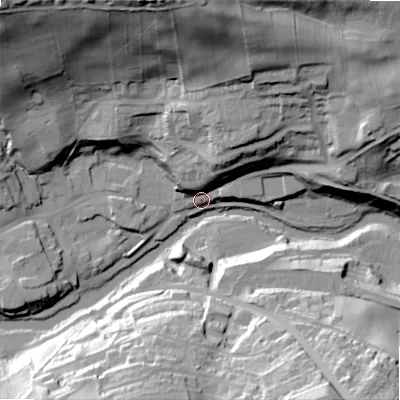 Shaded relief map of the ground around NE657NY, computed from Environment Agency LiDAR. The ground here sits at about 78 m above sea level and falls 63 m across the surrounding 800 m. Surface water reaching this point runs off ground lying to the north-east, 23.0 m higher.