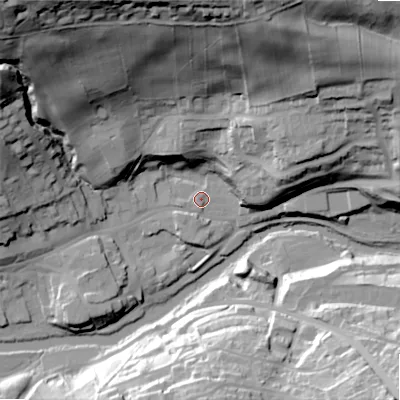 Shaded relief map of the ground around NE657NZ, computed from Environment Agency LiDAR. The ground here sits at about 78 m above sea level and falls 77 m across the surrounding 800 m. Surface water reaching this point runs off ground lying to the west-south-west, 2.0 m higher.