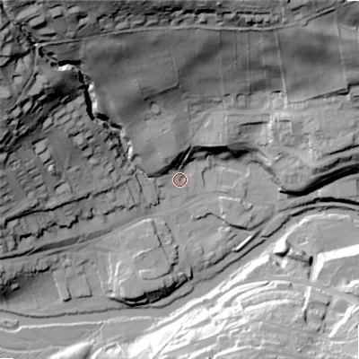 Shaded relief map of the ground around NE657PA, computed from Environment Agency LiDAR. The ground here sits at about 80 m above sea level and falls 87 m across the surrounding 800 m. Surface water reaching this point runs off ground lying to the north-north-west, 69.8 m higher.