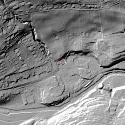 Shaded relief map of the ground around NE657PB, computed from Environment Agency LiDAR. The ground here sits at about 80 m above sea level and falls 92 m across the surrounding 800 m. Surface water reaching this point runs off ground lying to the north-north-west, 68.1 m higher.