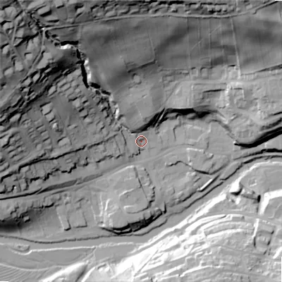 Shaded relief map of the ground around NE657PJ, computed from Environment Agency LiDAR. The ground here sits at about 80 m above sea level and falls 93 m across the surrounding 800 m. Surface water reaching this point runs off ground lying to the north-west, 86.8 m higher.
